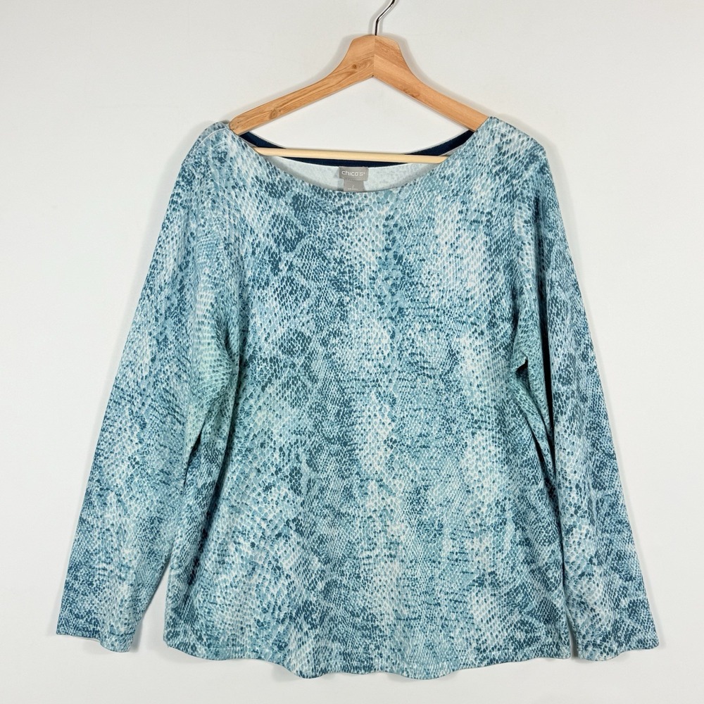 Chico's Women's 2 Large 12 Sweater Blue Snake Knit Pullover Artsy Avant Garde
